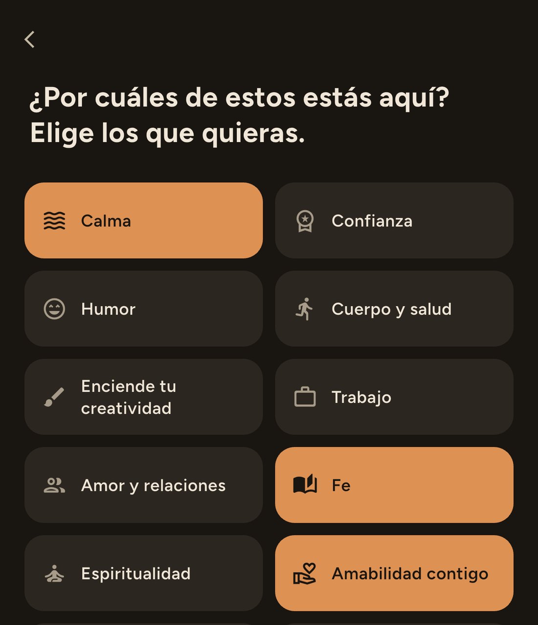 La pantalla de configuración de Dailies que pregunta ¿Por cuáles de estos estás aquí?, con Calma, Fe y Amabilidad contigo elegidas