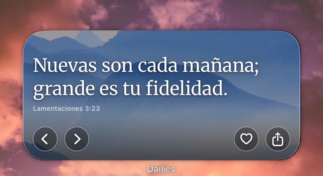 La pantalla de inicio de un iPhone con un widget de Dailies que muestra Nuevas son cada mañana; grande es tu fidelidad, Lamentaciones 3:23