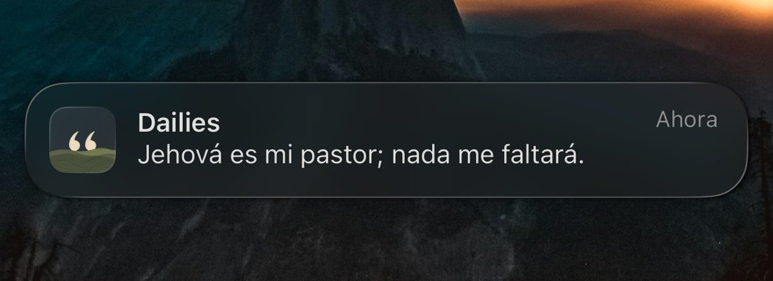 Una notificación de Dailies en la pantalla de bloqueo que dice Jehová es mi pastor; nada me faltará, Salmos 23:1