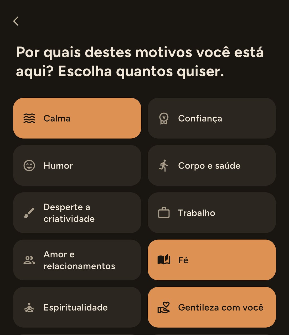 A tela de configuração do Dailies perguntando Por quais destes motivos você está aqui?, com Calma, Fé e Gentileza com você marcadas