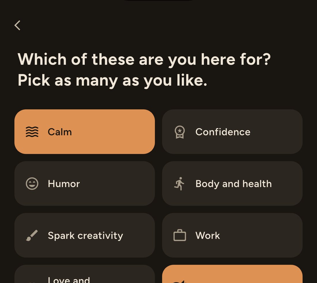 The Dailies setup screen asking which of these are you here for, with Calm, Faith and Self-kindness chosen